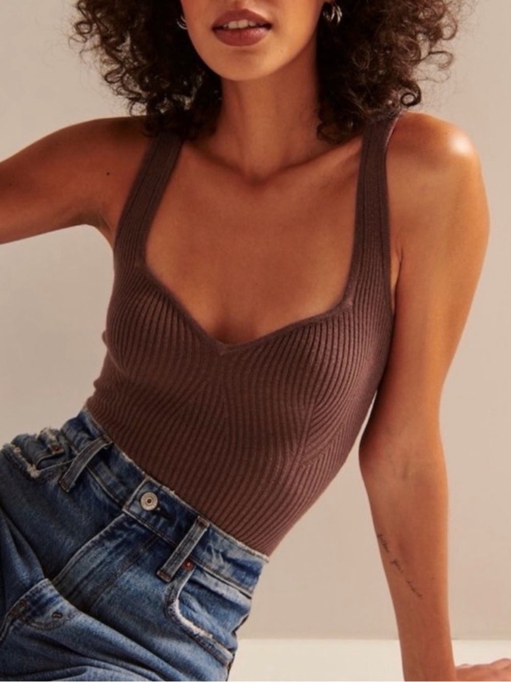 Abercrombie & Fitch Brown Elevated Ribbed Scoop Bodysuit Sweetheart Neckline